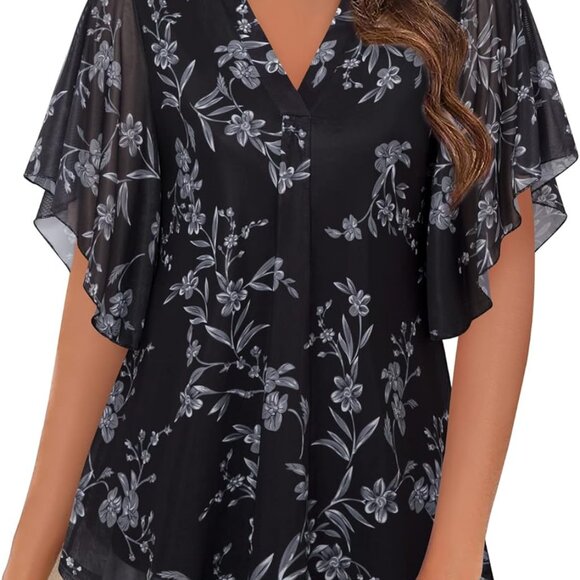 Women's Short Sleeve V Neck Blouses Shirts Floral Double Layers Mesh Tunics Tops - Picture 1 of 4